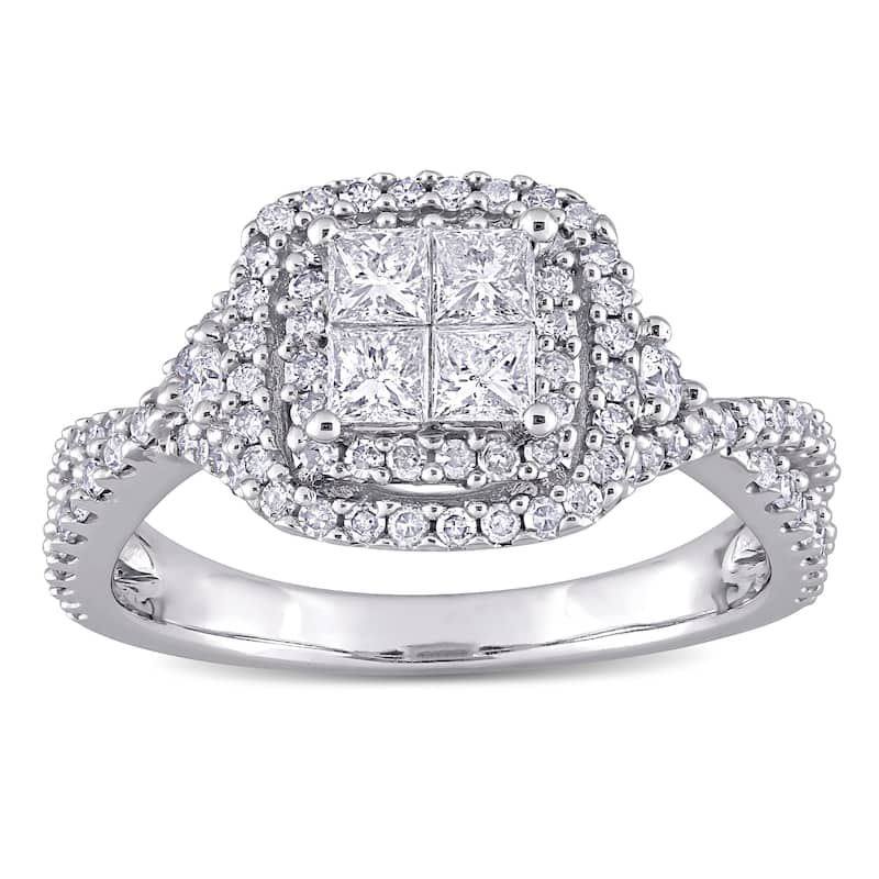 Miadora 10k White Gold 1ct TDW Princess-cut Quad Diamond Crossover Halo Engagement Ring