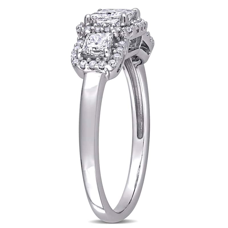Miadora 10k White Gold 1ct TDW Princess-cut Diamond 3-Stone Halo Engagement Ring