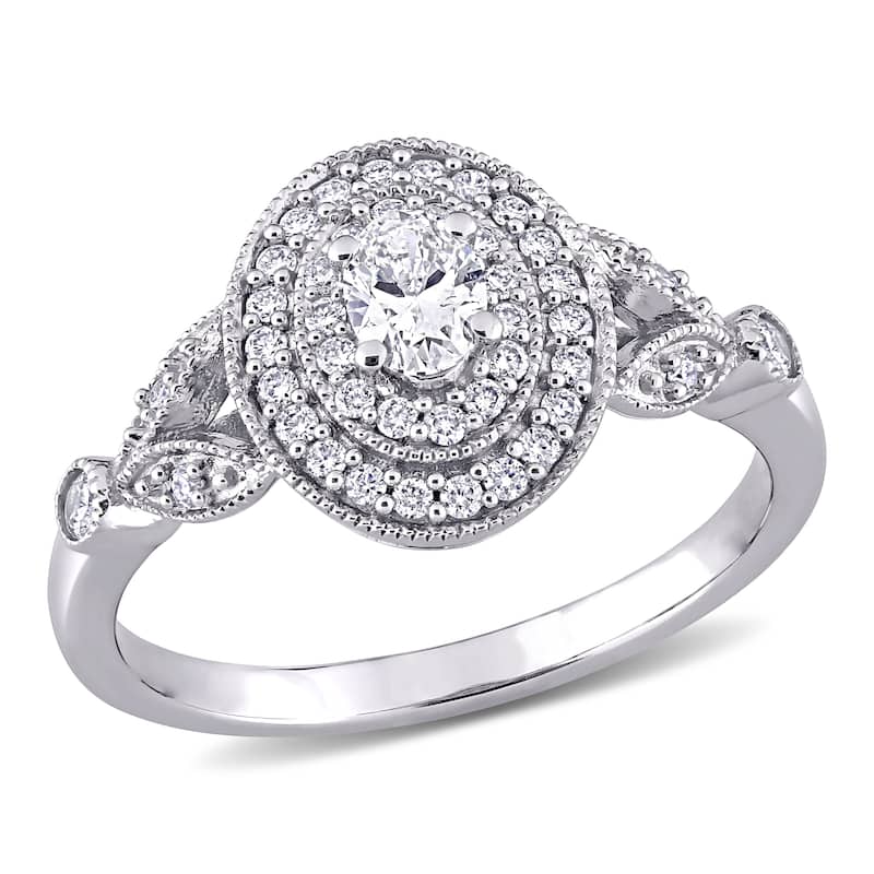 Miadora 14k White Gold 1/2ct TDW Oval Diamond Double Halo Engagement Ring