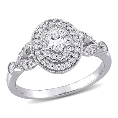 Miadora 14k White Gold 1/2ct TDW Oval Diamond Double Halo Engagement Ring