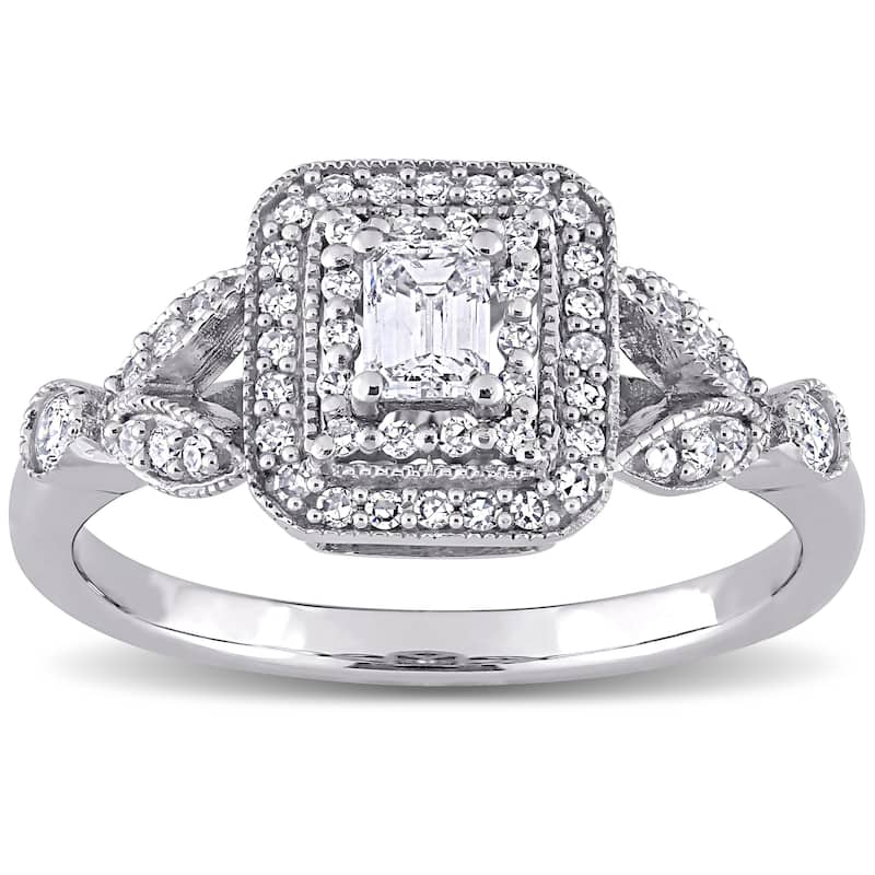 Miadora 10k White Gold 1/2ct TDW Emerald & Round-cut Diamond Double Halo Engagement Ring