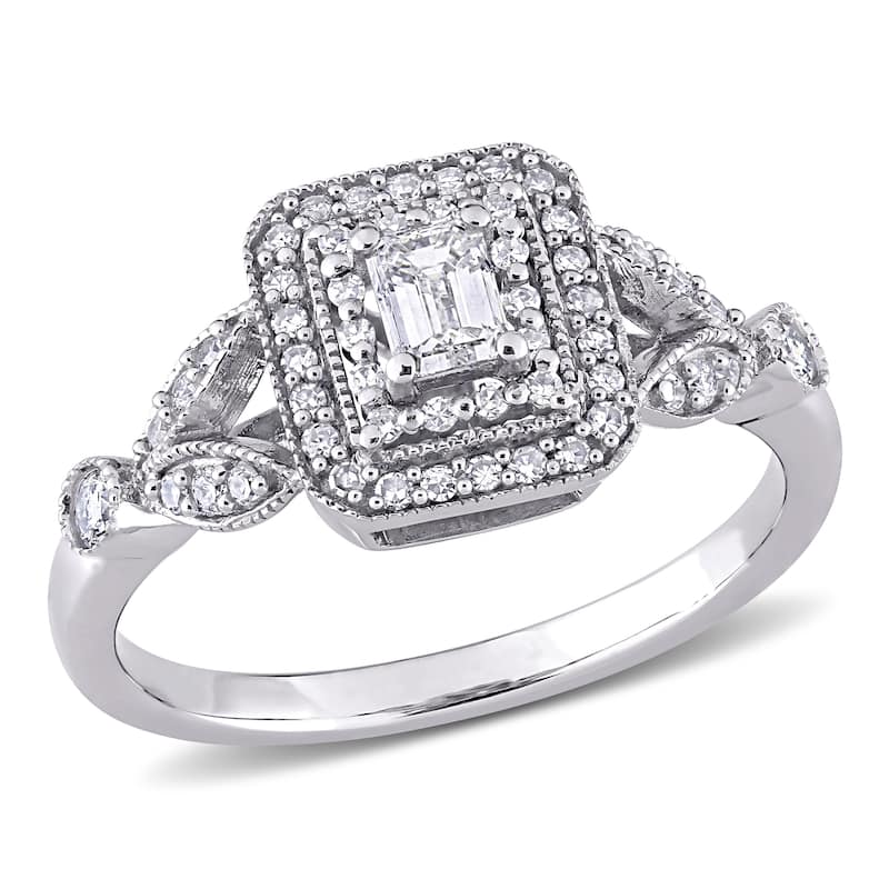 Miadora 10k White Gold 1/2ct TDW Emerald & Round-cut Diamond Double Halo Engagement Ring