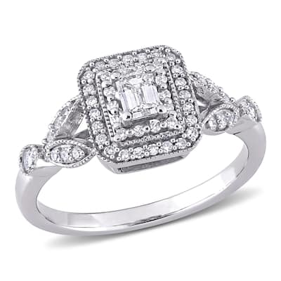 Miadora 10k White Gold 1/2ct TDW Emerald & Round-cut Diamond Double Halo Engagement Ring