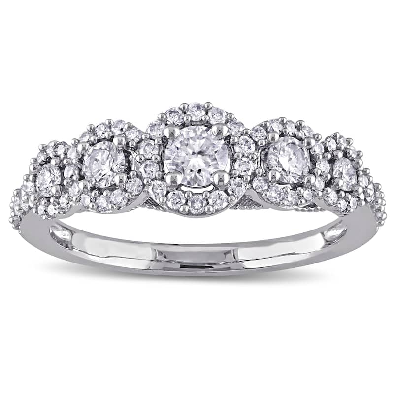 Miadora 10k White Gold 3/4ct TDW Diamond 5-Stone Halo Engagement Ring