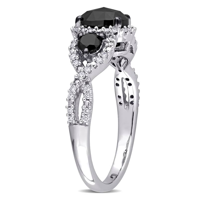 Miadora 14k White Gold 1 1/3ct TDW Oval Black & White Diamond 3-Stone Halo Infinity Engagement Ring