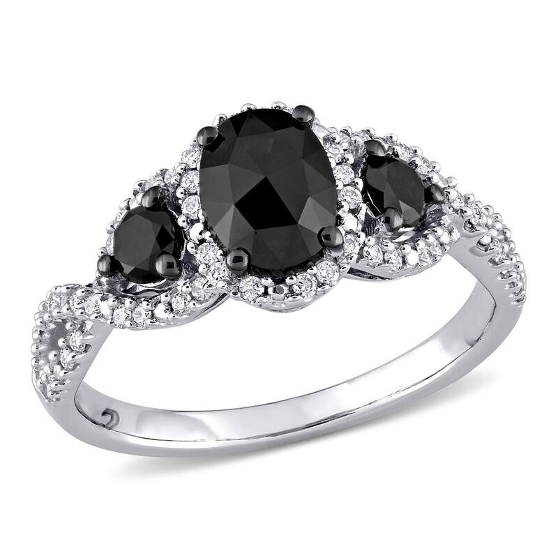 Miadora 14k White Gold 1 1/3ct TDW Oval Black & White Diamond 3-Stone Halo Infinity Engagement Ring