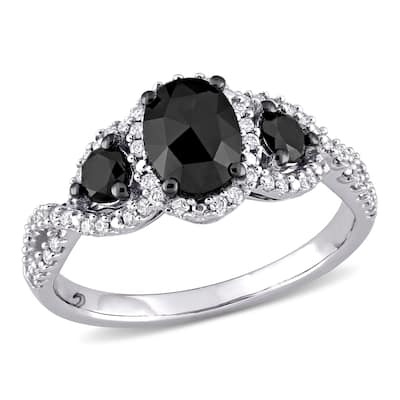 Miadora 14k White Gold 1 1/3ct TDW Oval Black & White Diamond 3-Stone Halo Infinity Engagement Ring