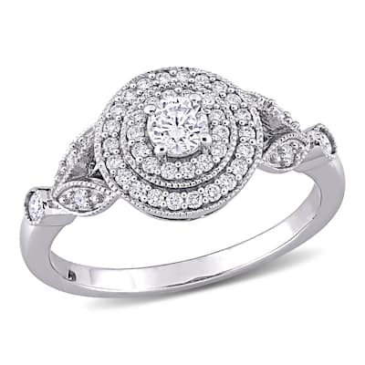 Miadora 14k White Gold 1/2ct TDW Diamond Double Halo Engagement Ring