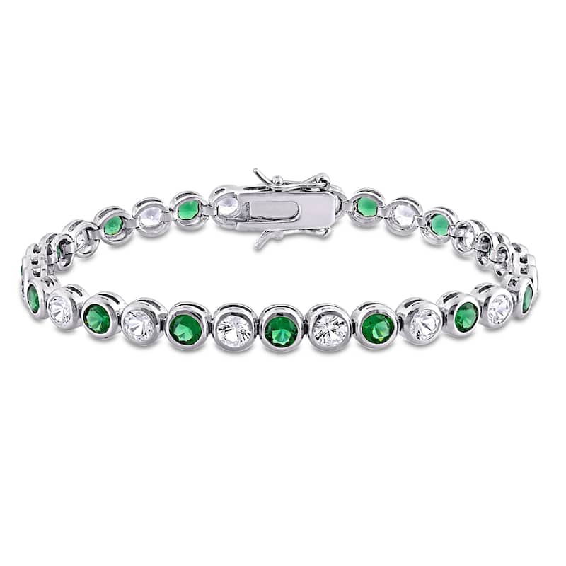 Miadora Sterling Silver 9 1/2 CT TGW Green Cubic Zirconia and Created White Sapphire Tennis Bracelet