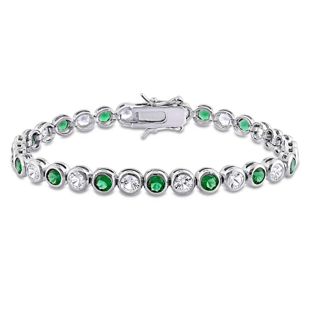 Miadora Sterling Silver 9 1/2 CT TGW Green Cubic Zirconia and Created White Sapphire Tennis Bracelet