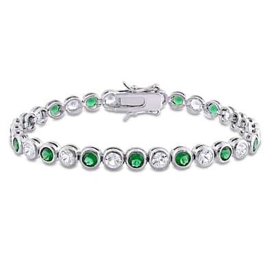 Miadora Sterling Silver 9 1/2 CT TGW Green Cubic Zirconia and Created White Sapphire Tennis Bracelet