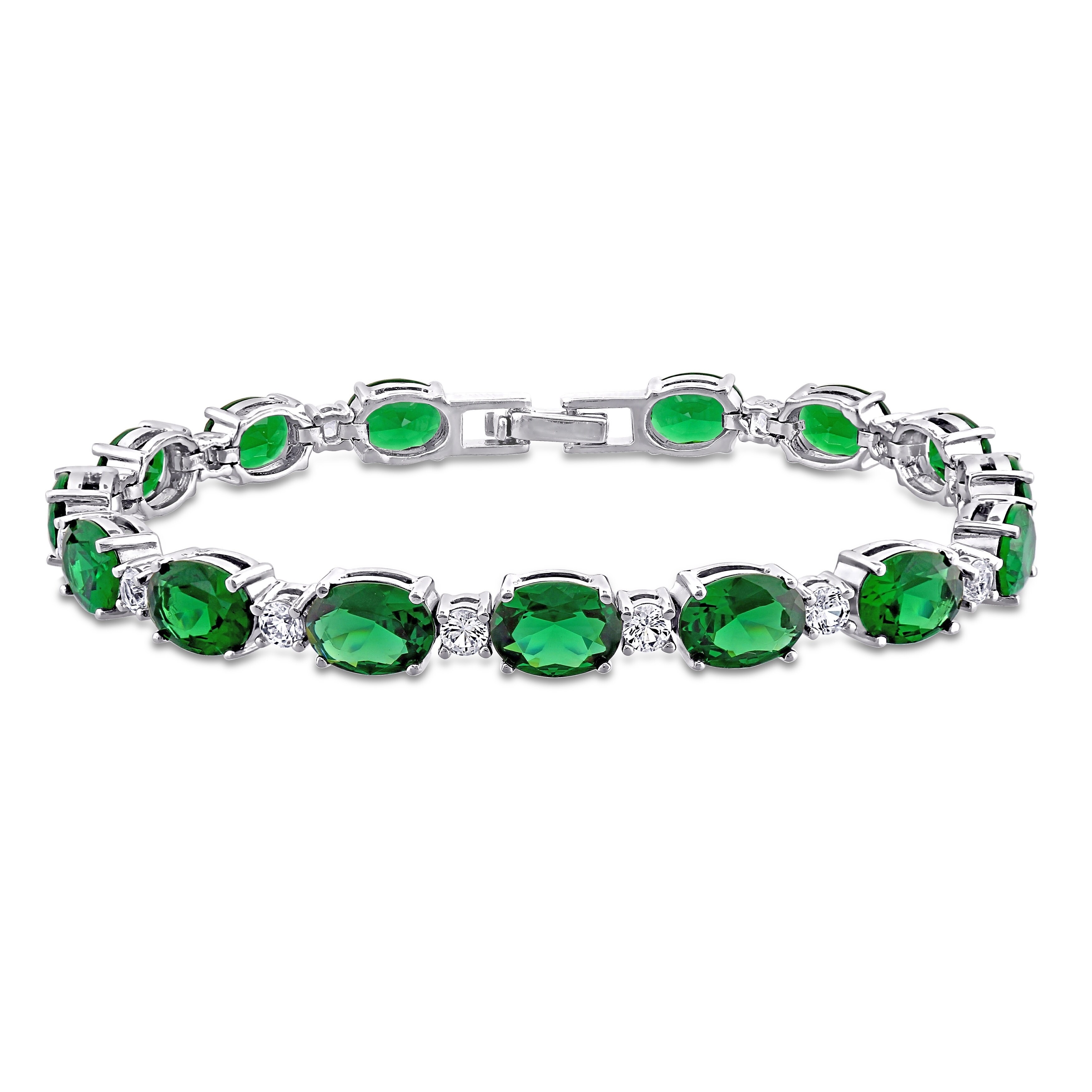 Platinum Sterling Silver Diamond Set Green Sapphire Round Tennis Bracelet Gift Platinum Sterling Silver Diamond Set Green Sapphire Round Tennis Bracelet Gift