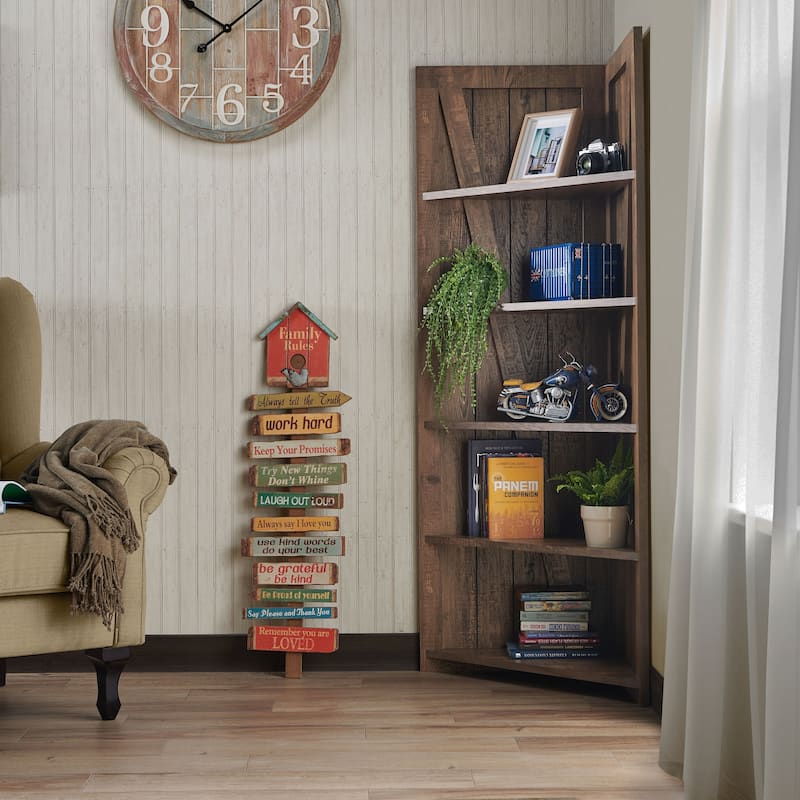Rustic Reclaimed Oak 5-Shelf Corner Bookcase by Furniture of America