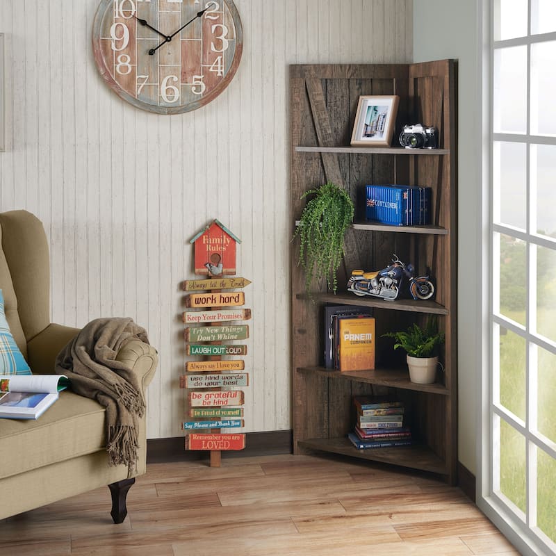 Rustic Reclaimed Oak 5-Shelf Corner Bookcase by Furniture of America