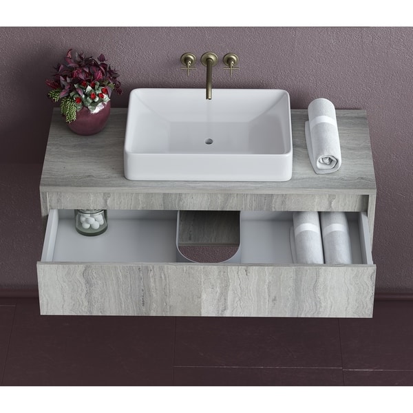 36 Inch Floating Oak Bathroom Vanity Sink Set Grey Oak with White 