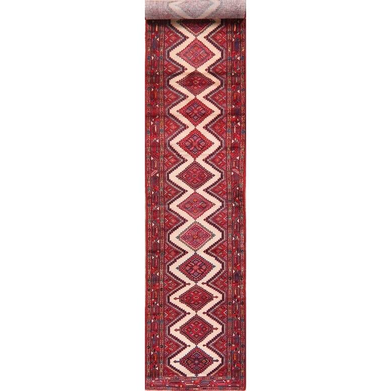 Vintage Geometric Hamedan Persian Runner Rug Handmade - 3'0" x 16'6"