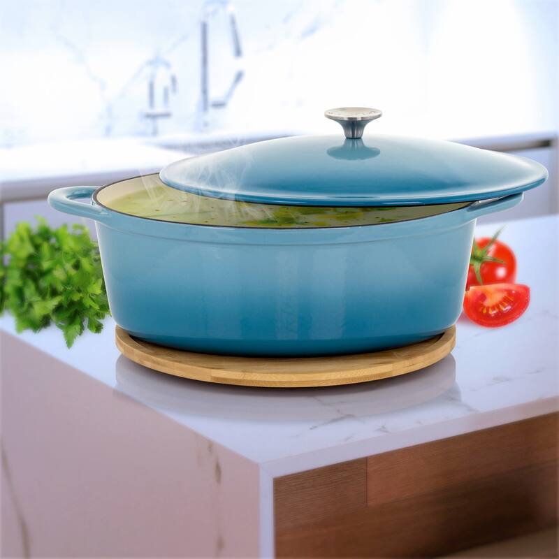 MegaChef 7 Quarts Oval Enameled Cast Iron Casserole in Blue
