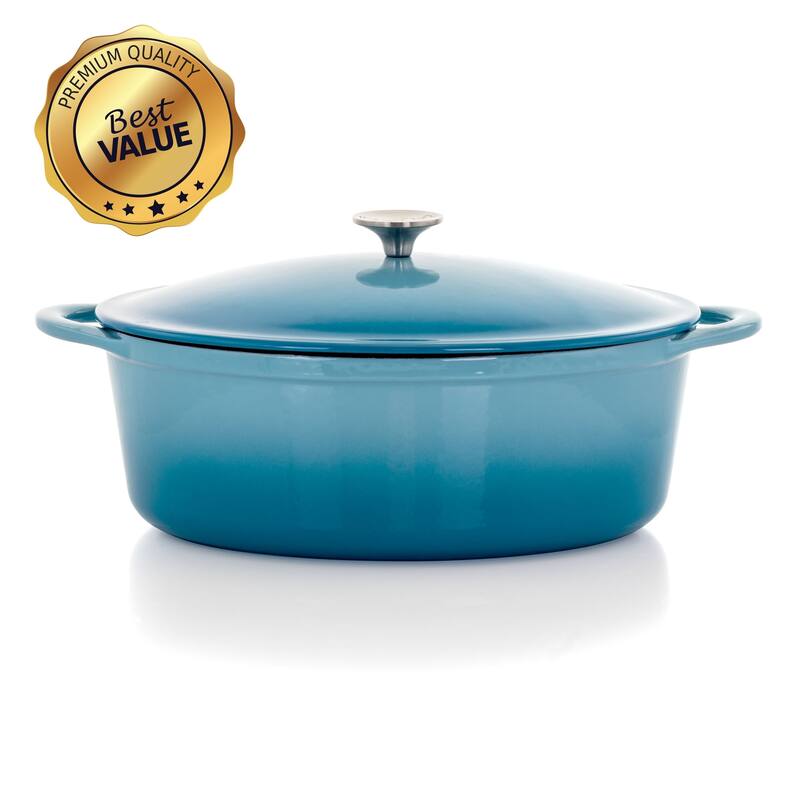MegaChef 7 Quarts Oval Enameled Cast Iron Casserole in Blue