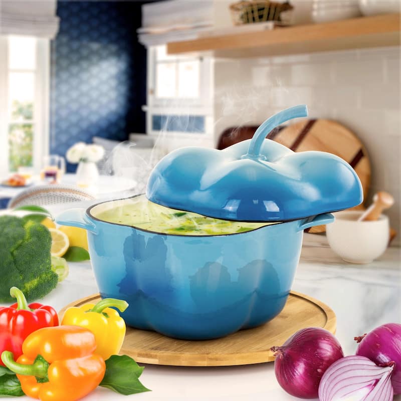 MegaChef Pepper Shaped 3 Quart Enameled Cast Iron Casserole in Blue - N/A