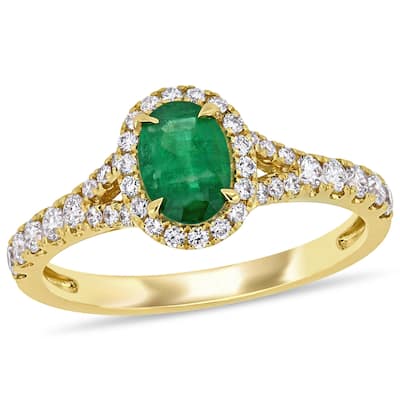 Miadora 14k Yellow Gold Oval-cut Emerald & 2/5ct TDW Diamond Halo Engagement Ring