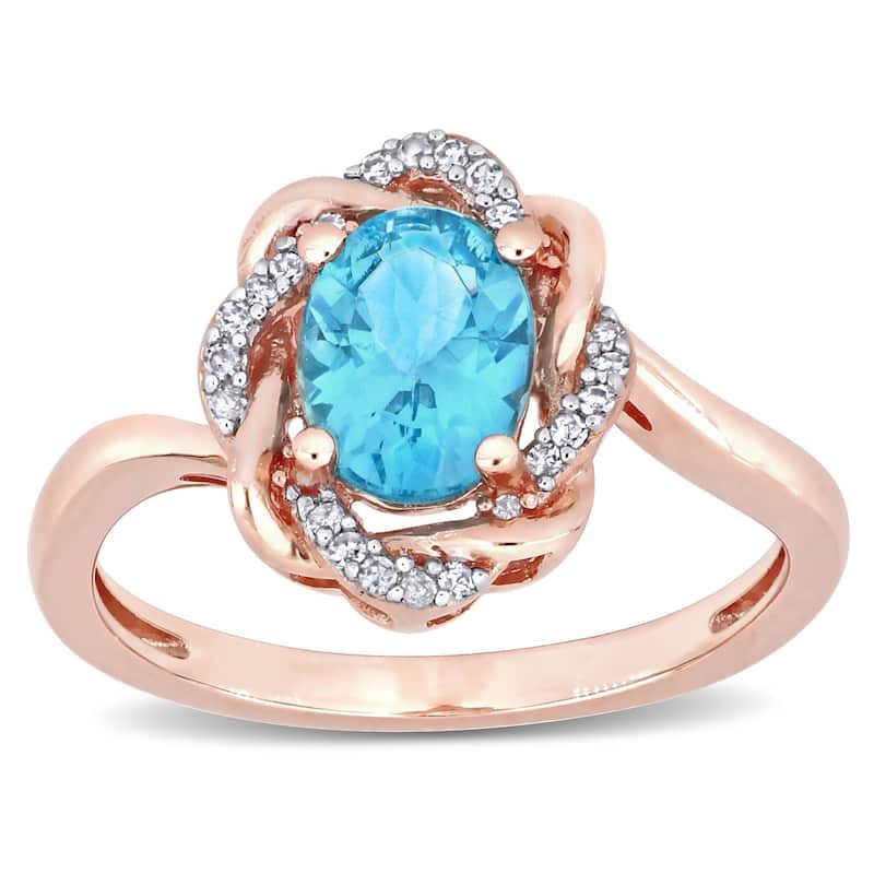 Miadora 10k Rose Gold Oval-cut Apatite & 1/10ct TDW Diamond Twisted Halo Ring
