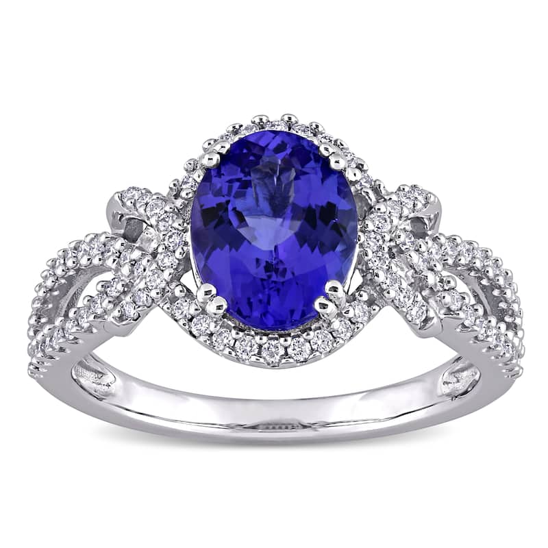Miadora 14k White Gold Oval-cut Tanzanite & 1/3ct TDW Diamond Halo Split Shank Engagement Ring