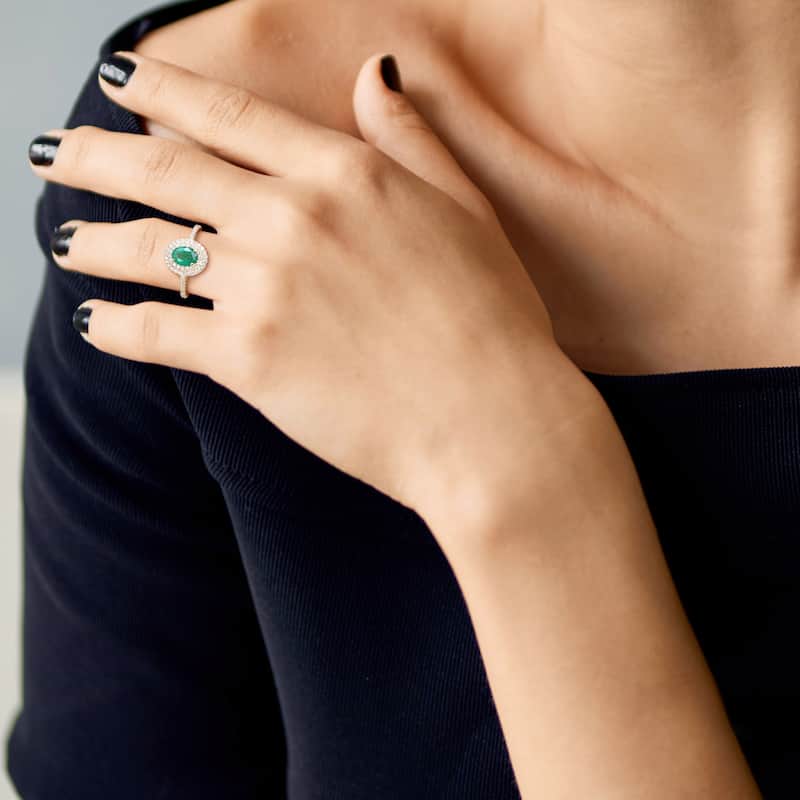 Miadora 14k Yellow Gold Oval-cut Emerald & 1/3ct TDW Diamond Double Halo Engagement Ring