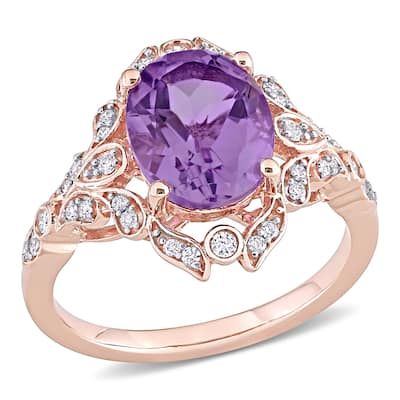 Miadora 14k Rose Gold Oval-cut Amethyst & 1/5ct TDW Diamond Vintage Floral Halo Cocktail Ring