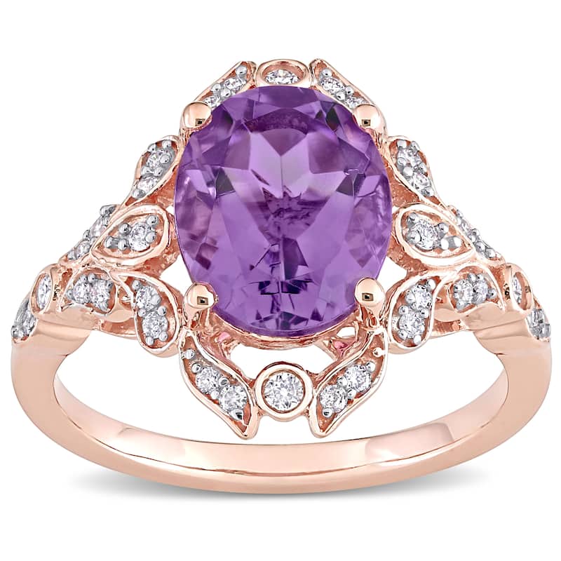 Miadora 14k Rose Gold Oval-cut Amethyst & 1/5ct TDW Diamond Vintage Floral Halo Cocktail Ring