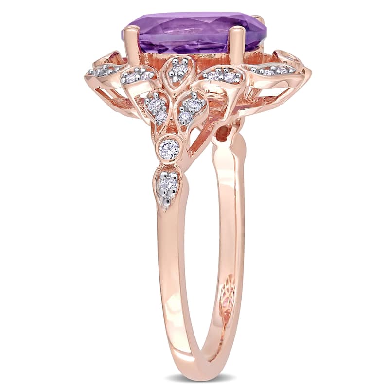 Miadora 14k Rose Gold Oval-cut Amethyst & 1/5ct TDW Diamond Vintage Floral Halo Cocktail Ring