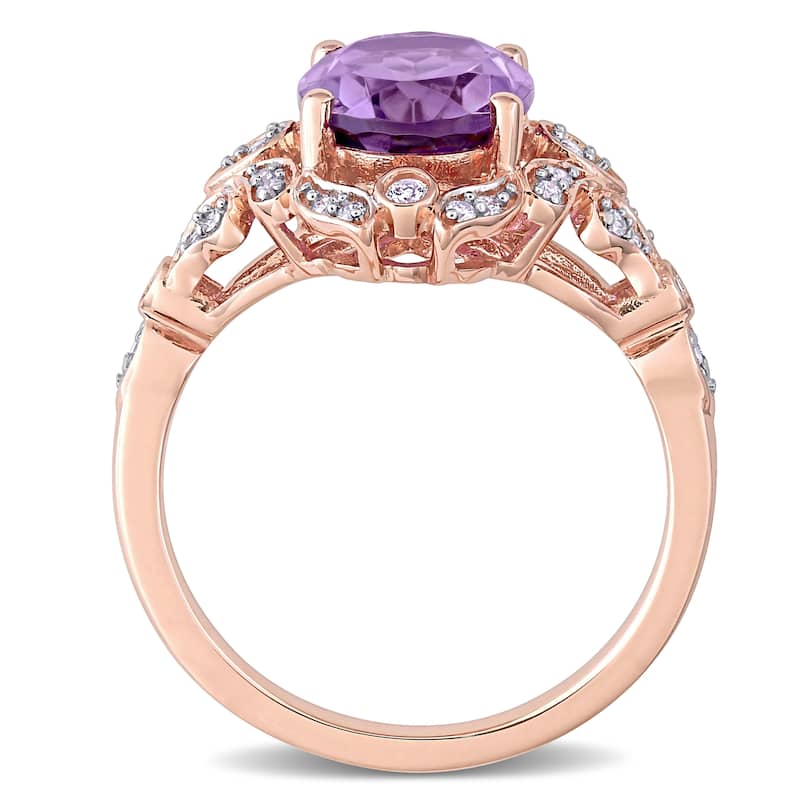 Miadora 14k Rose Gold Oval-cut Amethyst & 1/5ct TDW Diamond Vintage Floral Halo Cocktail Ring