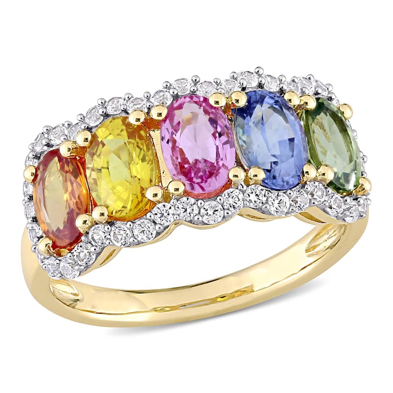 Miadora 14k Yellow Gold Oval-cut Multi-Color Sapphire 5-Stone Anniversary Band Ring