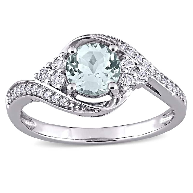 Miadora 10k White Gold Aquamarine, White Topaz and 1/10ct TDW Diamond Bypass Engagement Ring