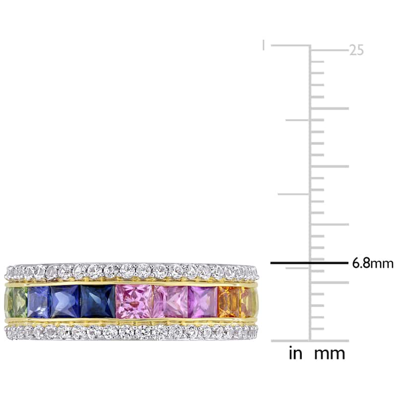 Miadora 14k Yellow Gold Multi-color Square -cut Sapphire Halo Eternity Band Ring