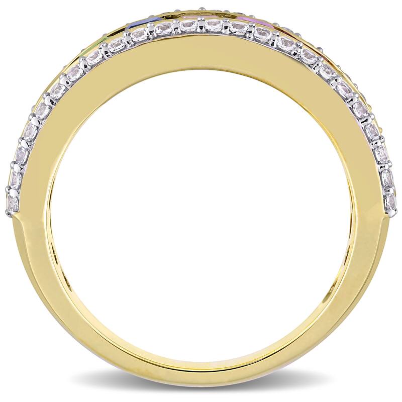 Miadora 14k Yellow Gold Multi-color Square -cut Sapphire Halo Eternity Band Ring