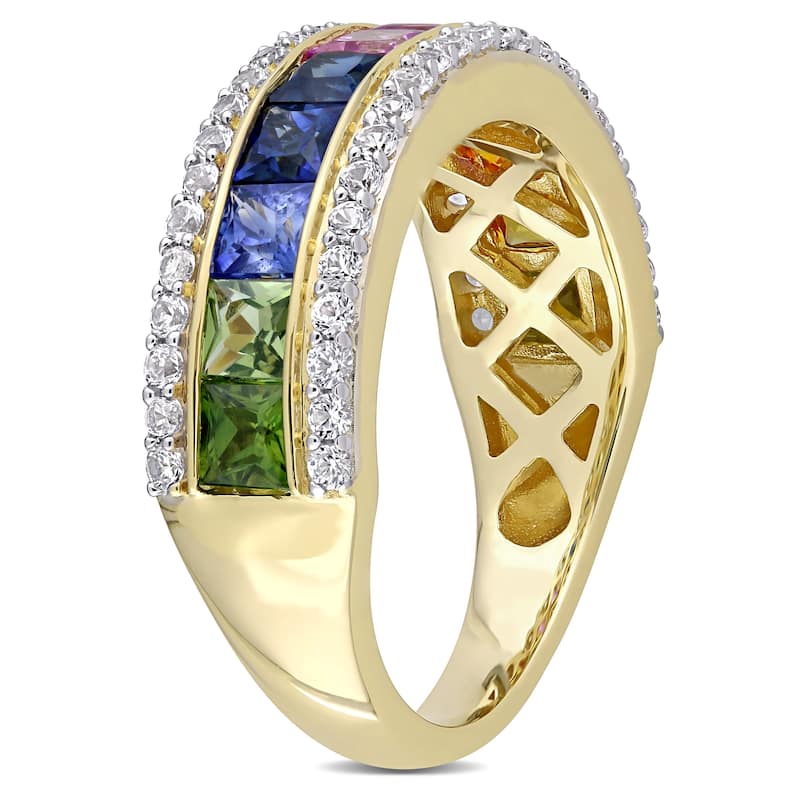 Miadora 14k Yellow Gold Multi-color Square -cut Sapphire Halo Eternity Band Ring