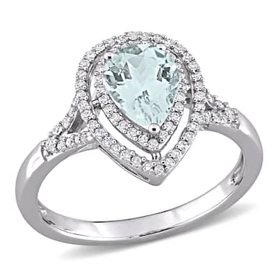 Miadora 14k White Gold Pear-cut Aquamarine & 1/4ct TDW Diamond Double Halo Engagement Ring