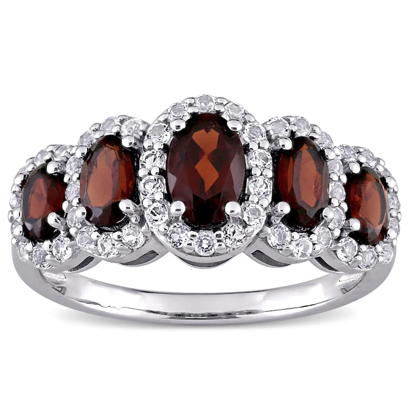 Miadora 10k White Gold Oval-cut Garnet and White Topaz 5-Stone Halo Ring