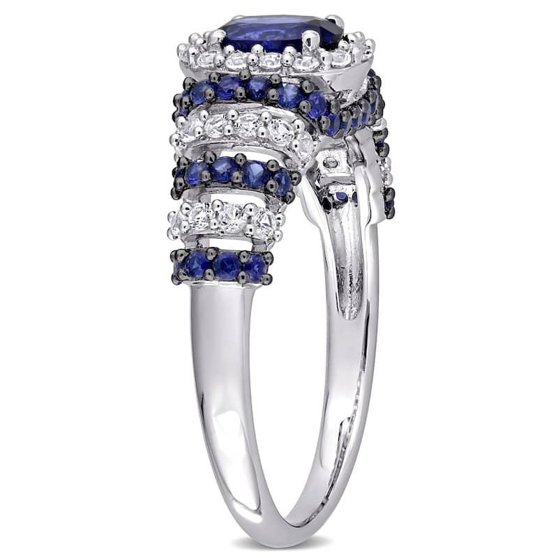 Miadora Sterling Silver Oval Created Blue and White Sapphire Halo Layered Cocktail Ring