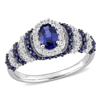 Miadora Sterling Silver Oval Created Blue and White Sapphire Halo Layered Cocktail Ring