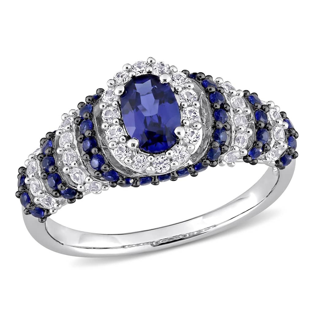 Miadora Sterling Silver Oval Created Blue and White Sapphire Halo Layered Cocktail Ring