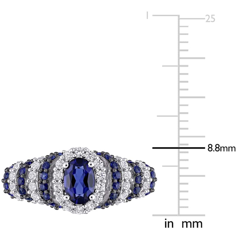 Miadora Sterling Silver Oval Created Blue and White Sapphire Halo Layered Cocktail Ring