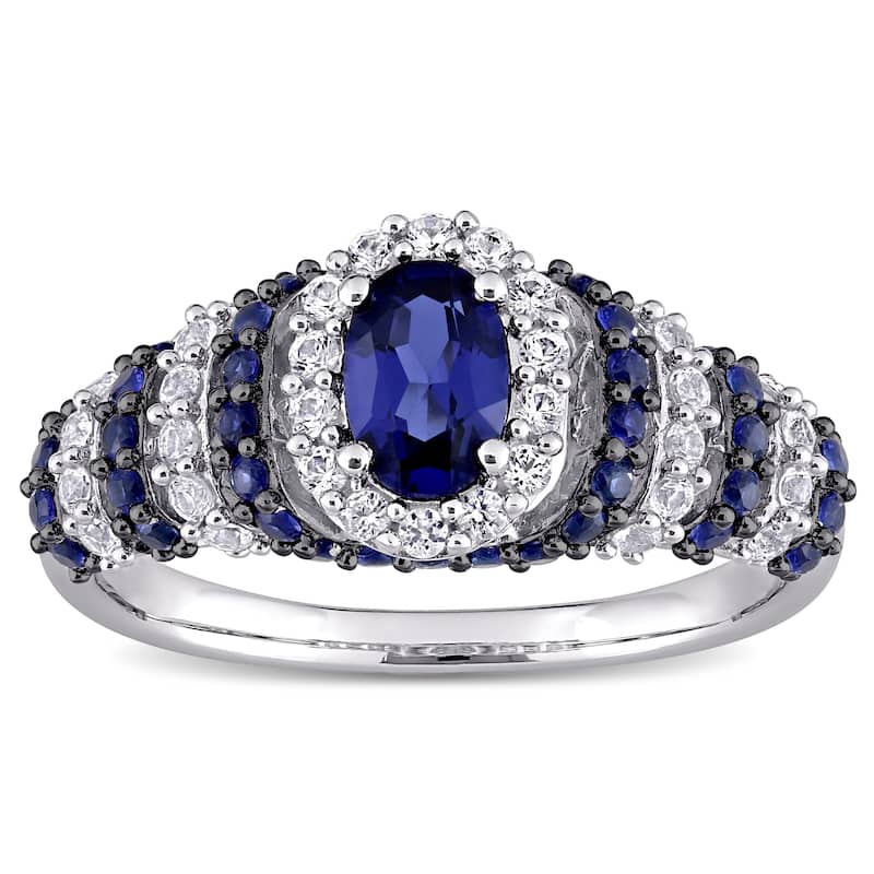 Miadora Sterling Silver Oval Created Blue and White Sapphire Halo Layered Cocktail Ring