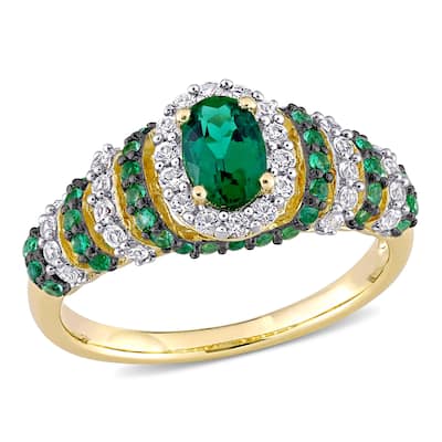 Miadora Sterling Silver Oval Created Emerald & Created White Sapphire Halo Layered Cocktail Ring