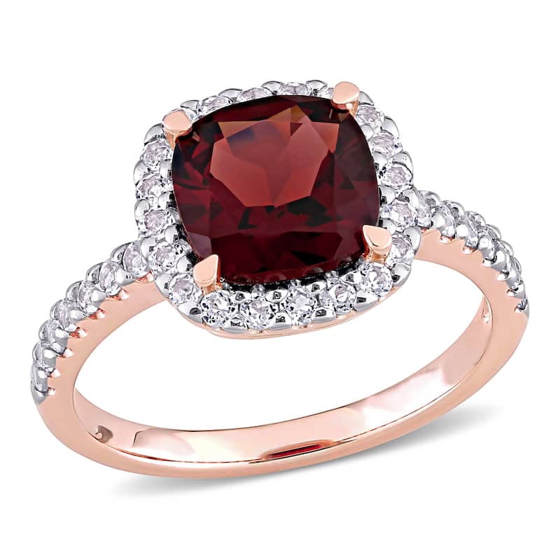 Miadora 10k Rose Gold Cushion-cut Garnet and White Topaz Halo Cocktail Ring
