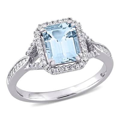 Miadora 14k White Gold Octagon-cut Aquamarine and 1/5ct TDW Diamond Halo Engagement Ring
