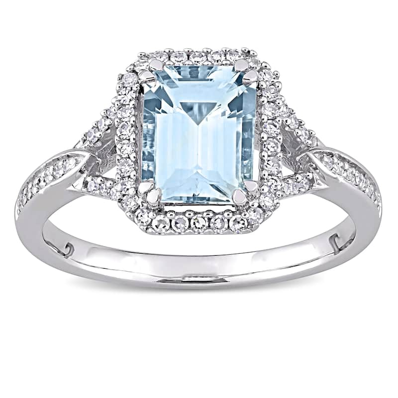 Miadora 14k White Gold Octagon-cut Aquamarine and 1/5ct TDW Diamond Halo Engagement Ring
