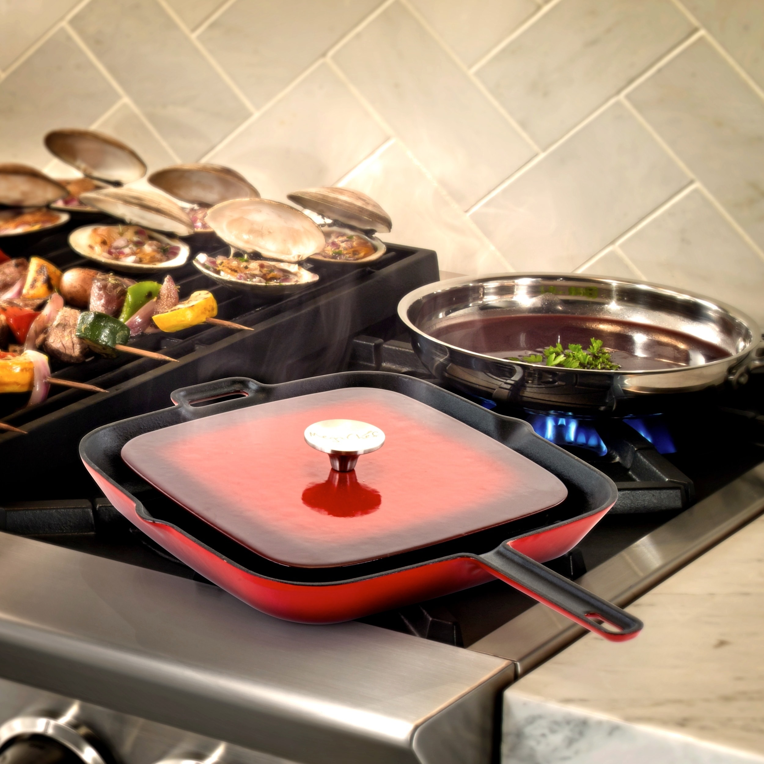 MegaChef 14 Inch Square Enamel Cast Iron Grill Pan in Red with Press -  9456170