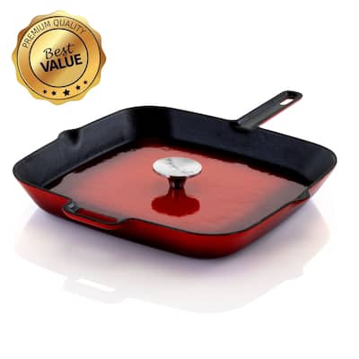 MegaChef 11 Inch Square Enamel Cast Iron Grill Pan in Red with Press