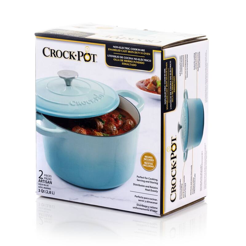 Crock-Pot Artisan 2 Pc 3 Qt Enamled Cast Iron Dutch Oven in Aqua Blue